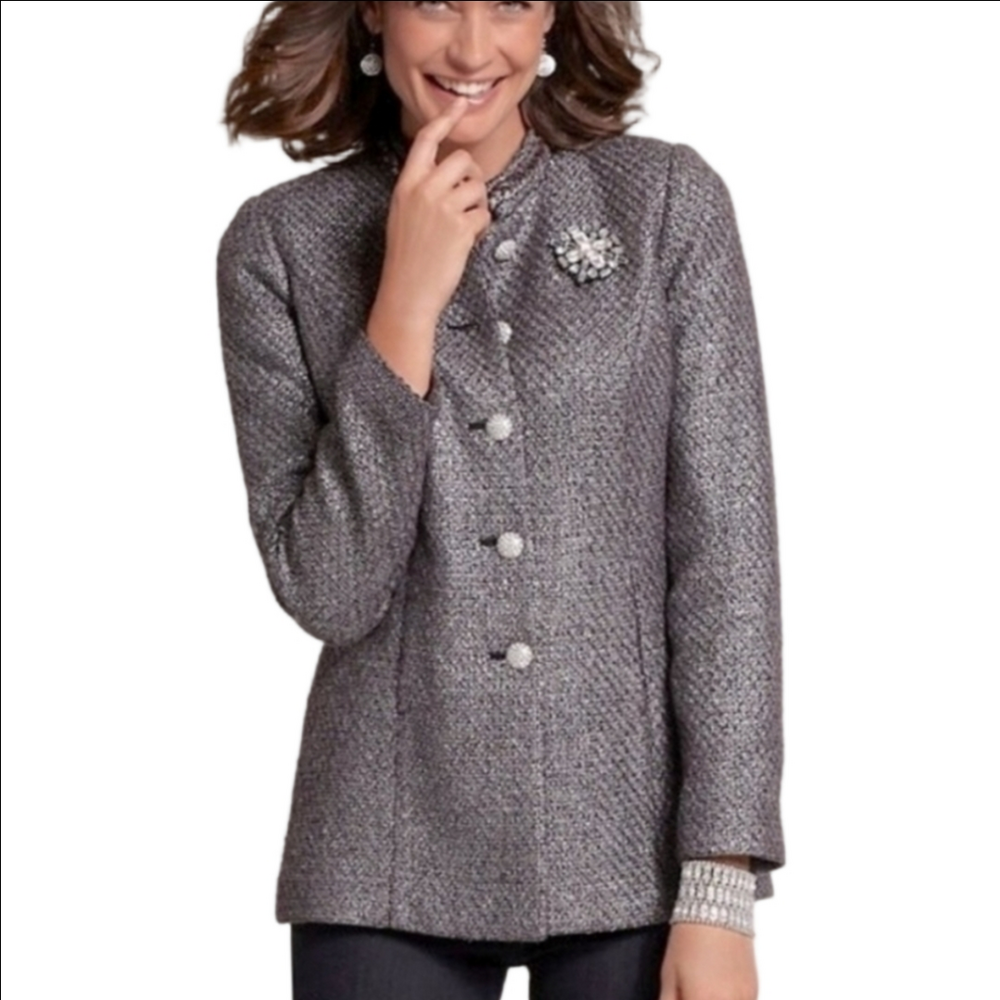 NWT Chico's Metallic Silver Purple Tweed Crystal Button Braided Collar Jacket